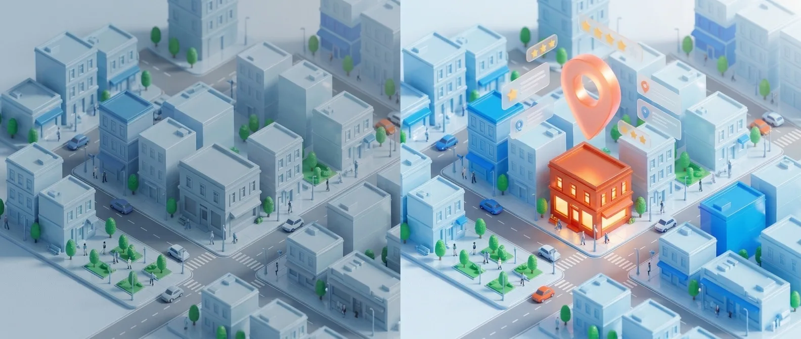 Split scene: the same storefront invisible and quiet on the left, then glowing at the top of the map with customers and five-star reviews on the right